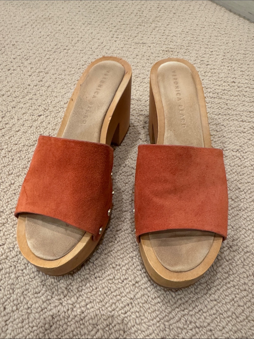 Veronica Beard Rust Suede Slide Mules with Stud Detail